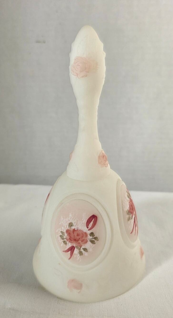 Fenton hand Painted Roses Ribbons 7" Bell artist A. Stone